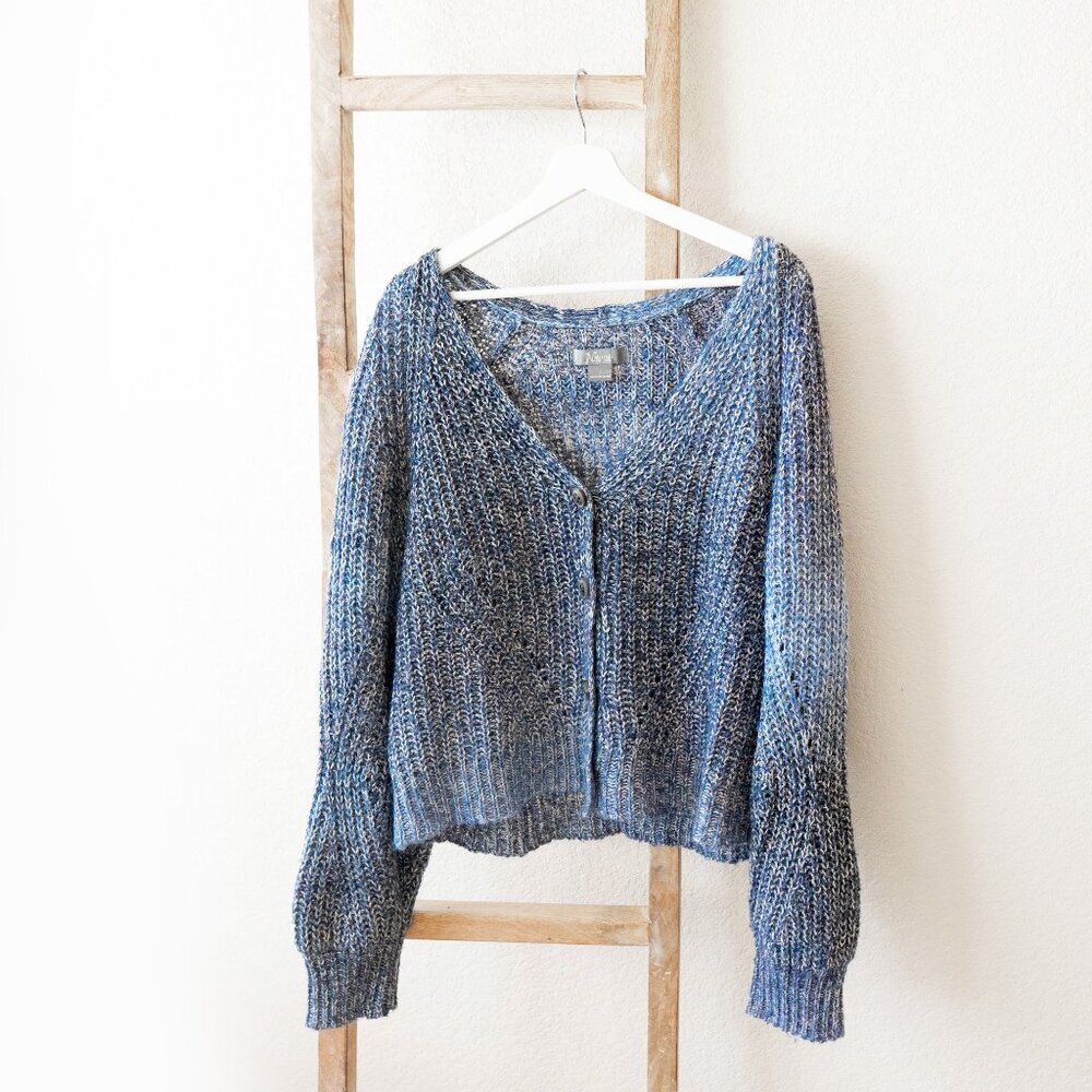 Blue Open-Knit V-Neck Women's Cardigan Sweater